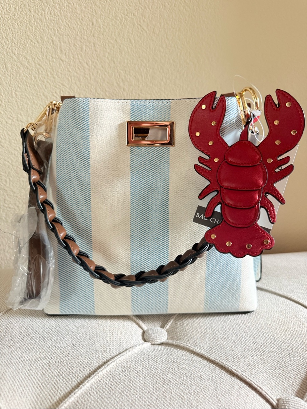 BCBG Striped Shoulder Bag with lobster Charm and crossbody strap